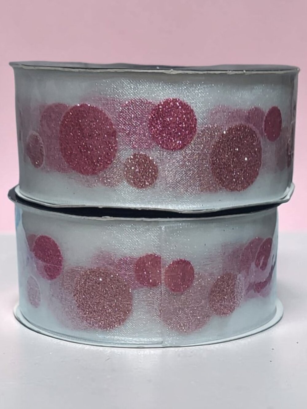 Lot of 2 Ribbon Pink Hot Pink Polka Dots Sheer Glitter 1.5 in x 4 yds Each NWT